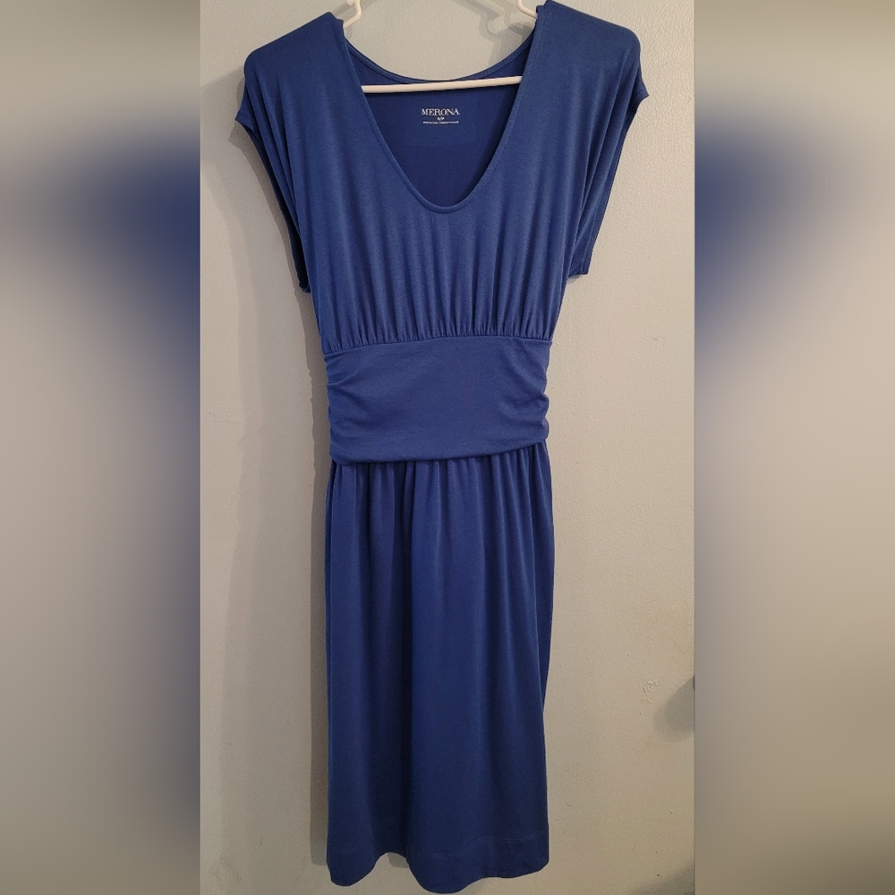 Petite Beautiful Blue knit fabric dress long Around Waist wrap belt Size Small